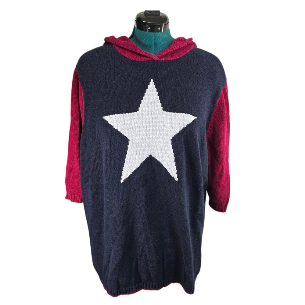 C.J. Banks Sweater Women 2X Navy Red Star Vintage Y2K Hooded Knit Americana Top